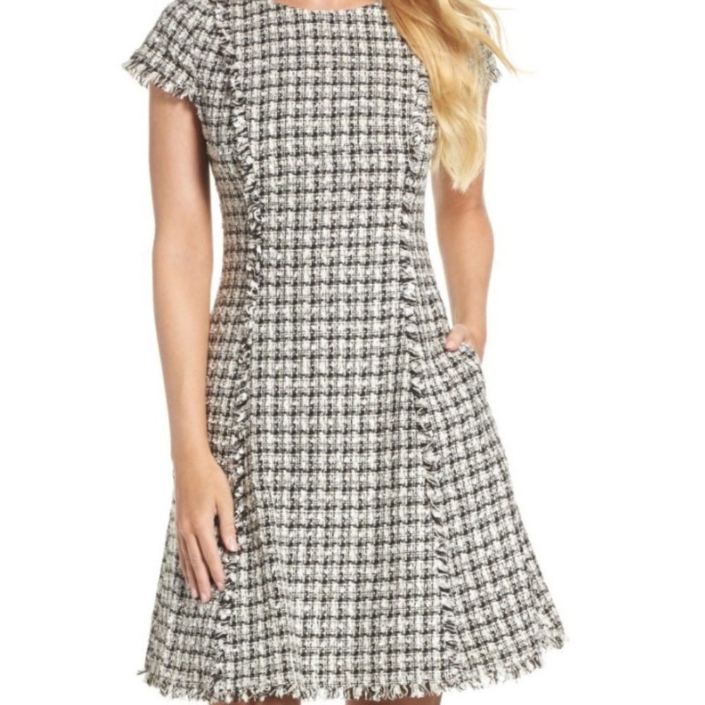 ELIZA J Black Ivory White Check Plaid Boucle Fringe Tweed Dress Size 12 NWT